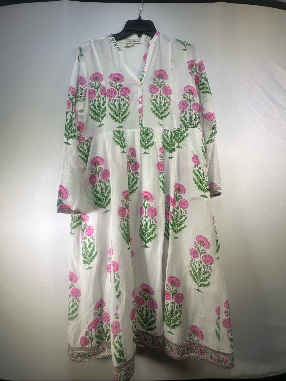 White Floral Long-Sleeve Midi Dress with Pink & Green Print